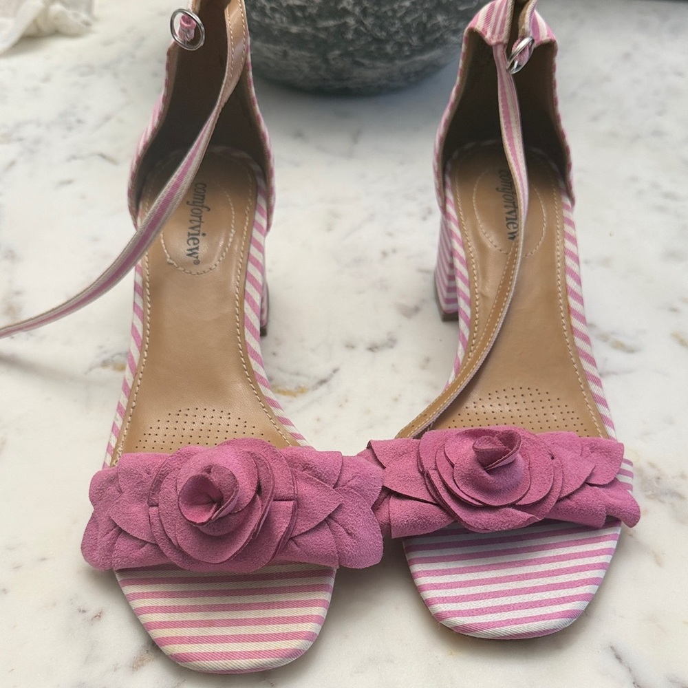 Comfortview Pink Striped Heels with Floral Detail